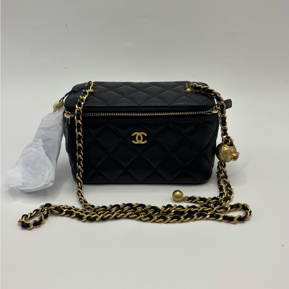 CHANEL Black Quilted Leather Crossbody Vanity Bag with Gold Chain